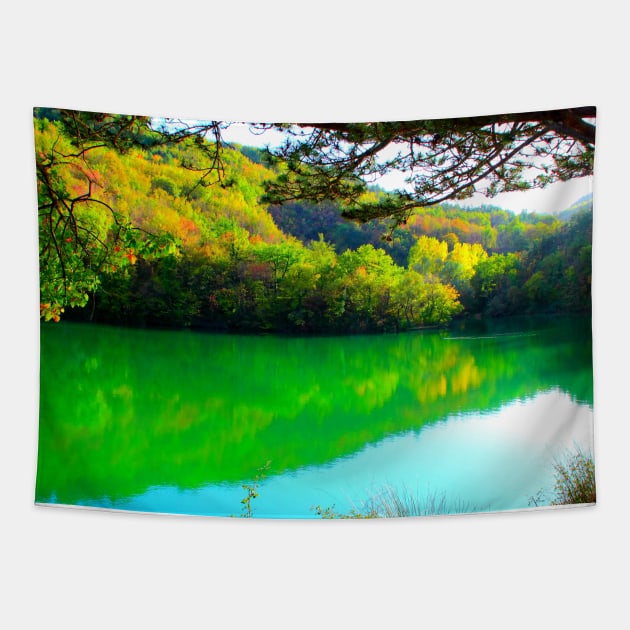 View at Lago di Boccafornace in Pievebovigliana, Valfornace (Macerata) with mirroring body of water Tapestry by KristinaDrozd