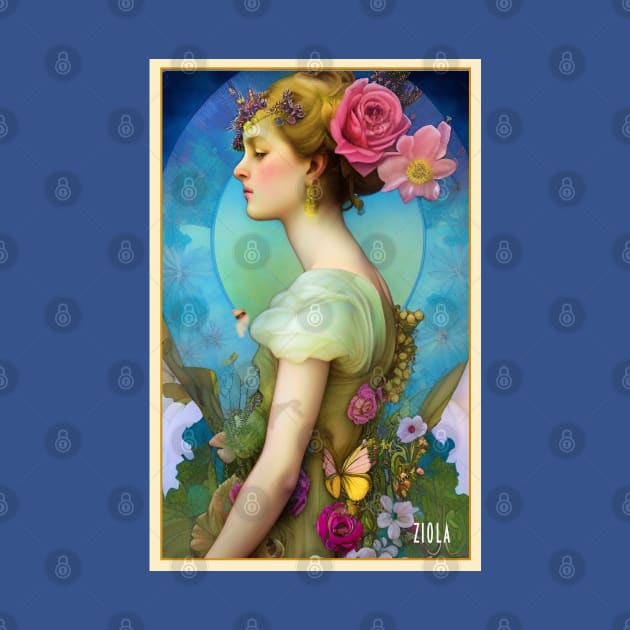 Pretty Flower Girl - Art Deco painting of girl with flowers and roses - A modern art or Art Nouveau style painting of a women or magical pagan girl by ZiolaRosa