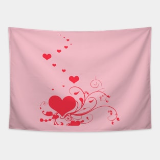 Red Hearts And Curlicue Leaves With Love Tapestry