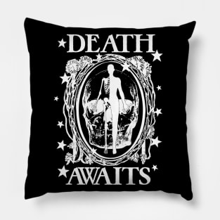 Death Awaits Spooky Goth Mirror Skeleton Halloween Black White Pillow