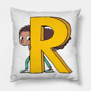 girl hides behind the capital letter R Pillow