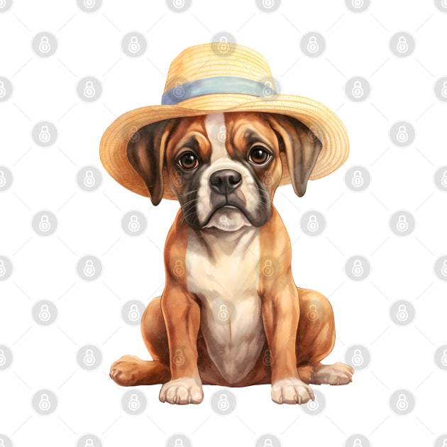 Watercolor Boxer Dog in Straw Hat by Chromatic Fusion Studio