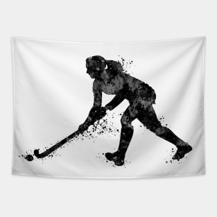 Girl Field Hockey Player Black and White Silhouette Tapestry