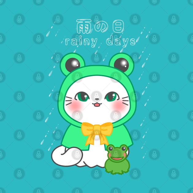 Rainy Days kitten - a kawaii cat in a froggy rain coat by SamInJapan