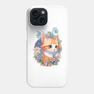 A Print Of Vivid Cute Kitten Cat Head With Fantasy Flowers Phone Case