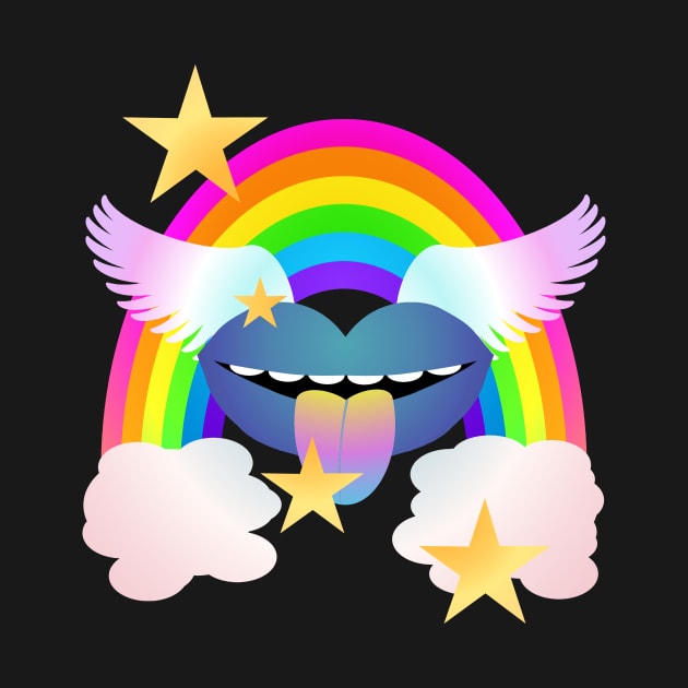 Groovy Winged Lips, Rainbow & Stars - BLUE by RawSunArt