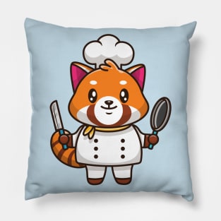 Cute Red Panda Chef Holding Pan And Knife Cartoon Pillow