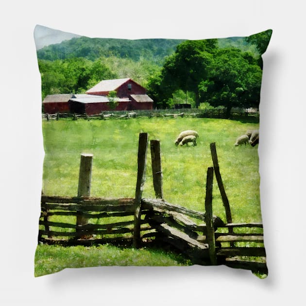 Farms - Sheep Grazing in Pasture Pillow by SusanSavad