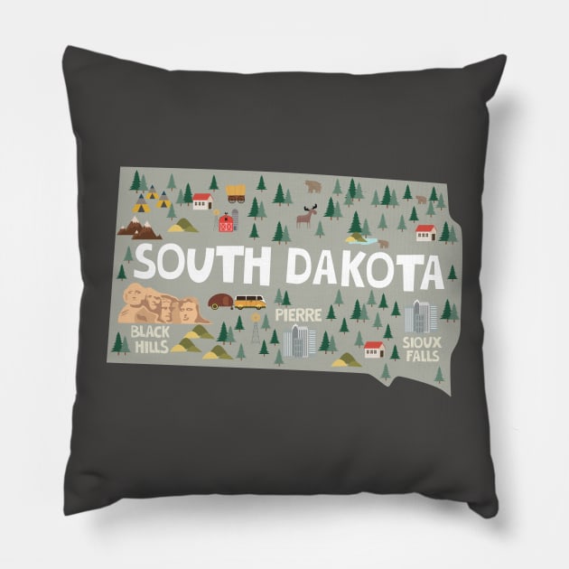 South Dakota State USA Illustrated Map Pillow by JunkyDotCom