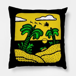 Palm tree beach sunset with santa's sled Pillow