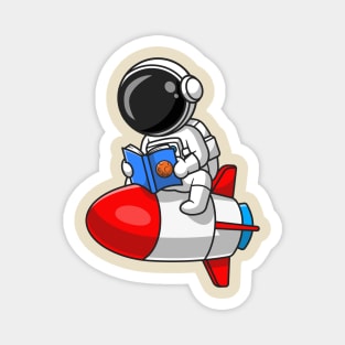 Cute Astronaut Reading Book on Rocket Cartoon Magnet