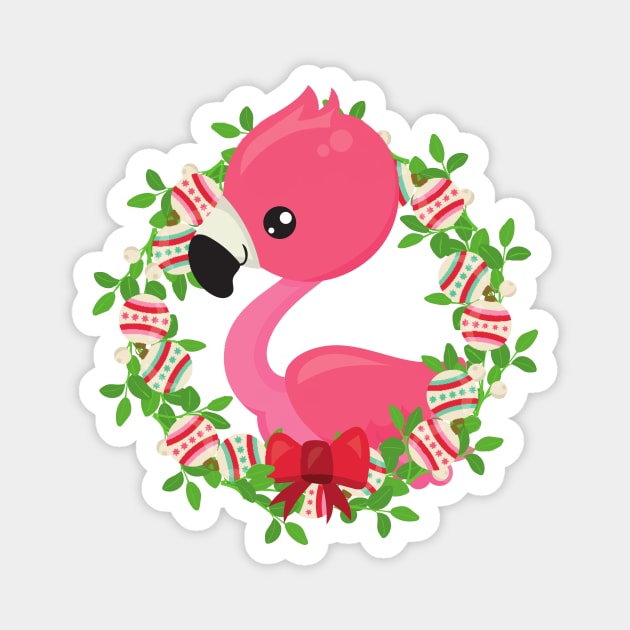 Christmas Flamingo, Christmas Wreath, Ornaments Magnet by Jelena Dunčević