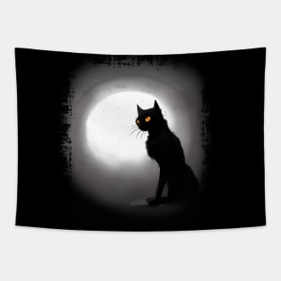 Mysterious black cat full moon indark atmosphere in a scary cemetery Tapestry