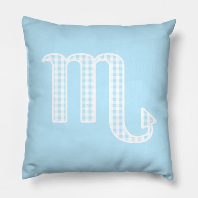 Scorpio Zodiac Horoscope Symbol in Pastel Blue and White Gingham Pattern Pillow by bumblefuzzies