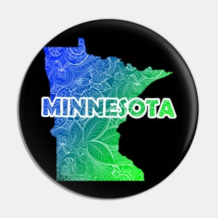 Colorful mandala art map of Minnesota with text in blue and green Pin