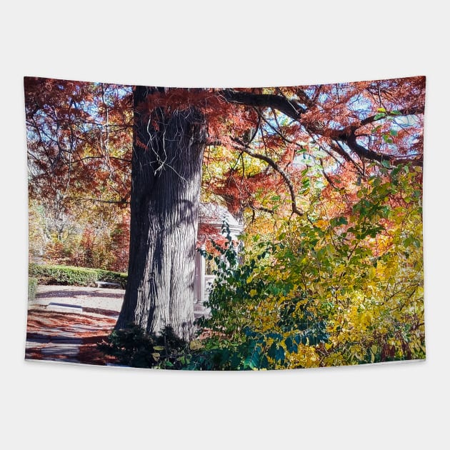 HIDDEN TEMPLE Red Tree Autumn Stone Bridge Leaves orange and green nature pretty delicate foliage Tapestry by sandpaperdaisy