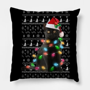 Black Cat christmas light tshirt funny cat lover christmas Pillow