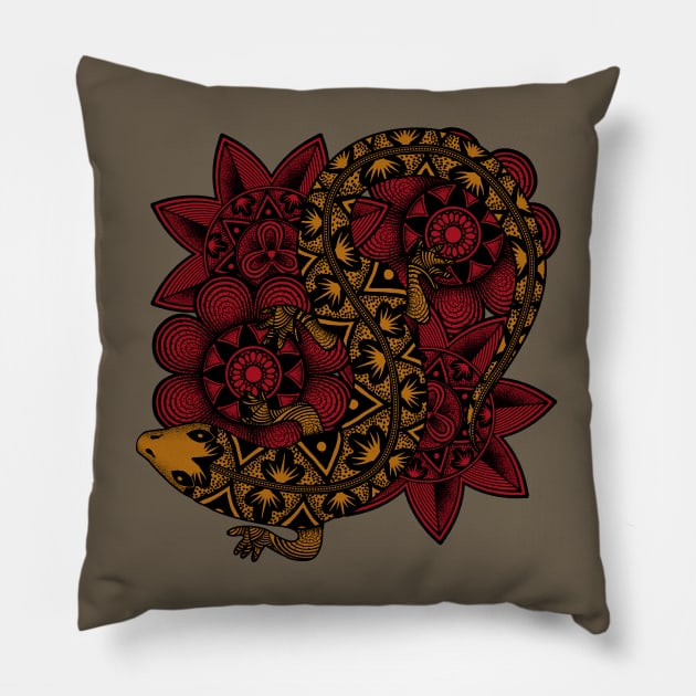 Zentangle Salamander and Flowers Mandala Pillow by SunGraphicsLab