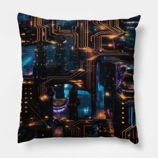 Cyber Circuit Cityscape Pillow