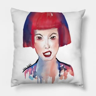 Cool Girl with Red and Blue Hair 'Making a Face' Pillow