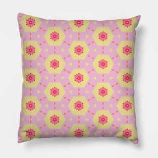 Kaleidoscopic shapes with 1960s flowers, in pastel pink and yellow Pillow