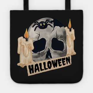 broken skull with candles and spider for Halloween Tote