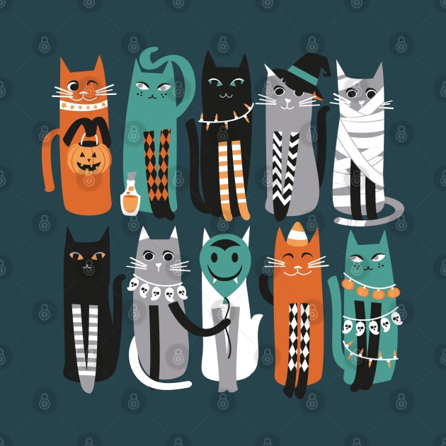 High Gothic Halloween Cats // print // pine green background orange grey green white and black kittens by SelmaCardoso