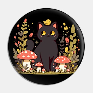 Black Cat With Yellow Bird in Mushroom Garden Pin