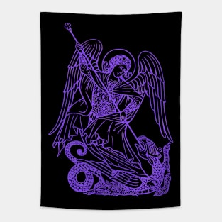 Saint Michael vanquishing the dragon (violet neon) Tapestry