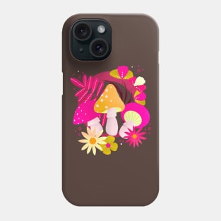 Magenta and orange retro flowers and mushrooms Phone Case