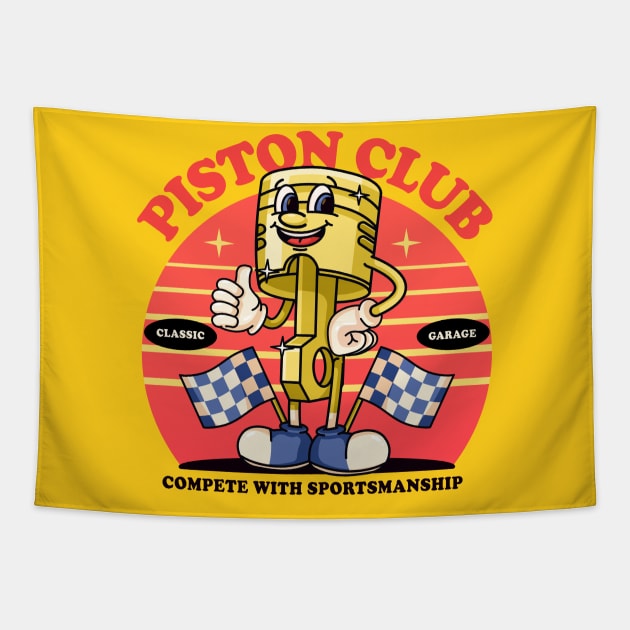 Piston club, piston mascot character with race flag Tapestry by Vyndesign