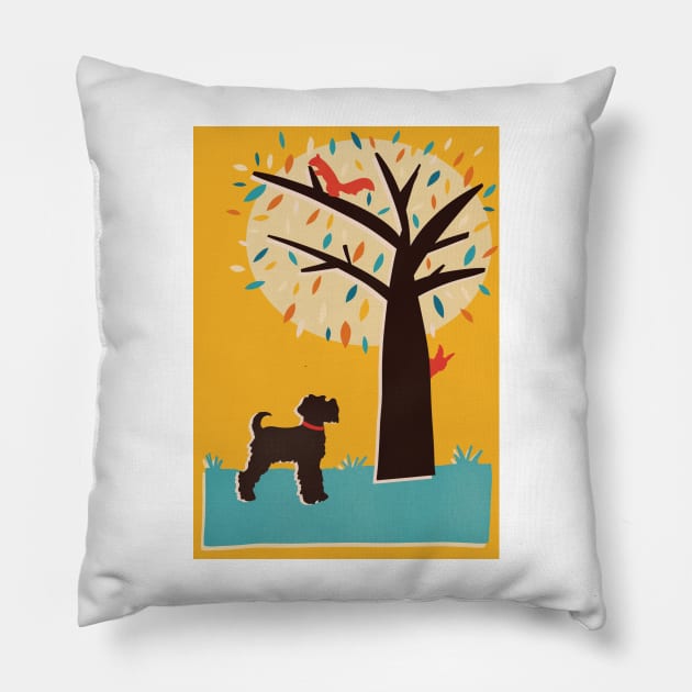 Miniature Schnauzer Dog watching Red Squirrels in a Tree Pillow by NattyDesigns