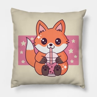 Baby Fox Drinking Boba Tea Cute Kawaii Fox Lover Pillow