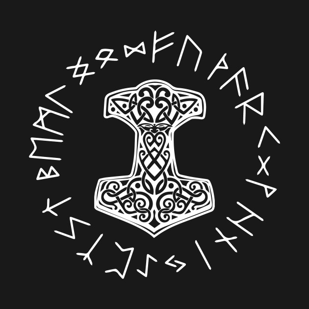 Vikings Mjolnir and Rune Wheel Norse Mythology Symbol - Asatru - T ...