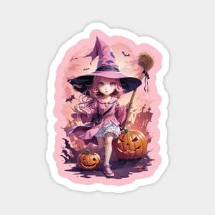 Ghostly Manga Girl with a Witch's Hat, Broomstick, and a Pumpkin Head Magnet