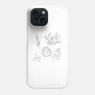 Black and white autumn nature pattern of monarch butterflies, herbs, and berries Phone Case
