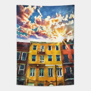 Colorful New Orleans Architecture Watercolor Sunset Painting Tapestry