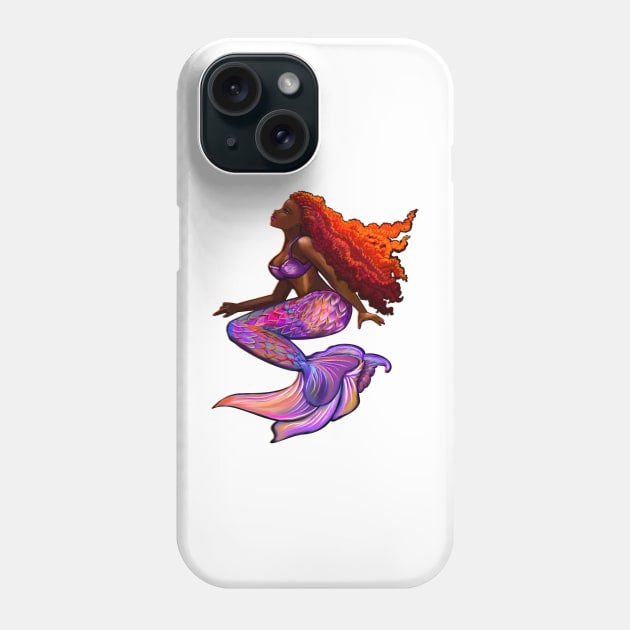 Black African American mermaid with flowing Afro red hair locs women girls Black Mermaid Phone Case by Artonmytee