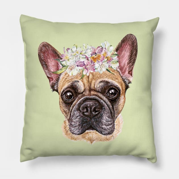 Cute French Bulldog Puppy with Flower Wreath Pillow by AdrianaHolmesArt