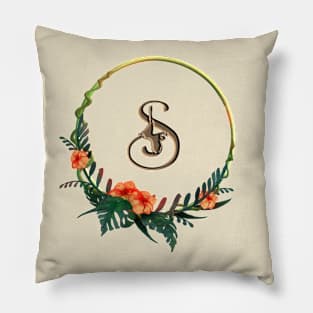 Letter S in circle frame with girl and flowers Pillow