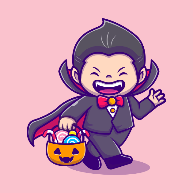 Cute Dracula Holding Pumpkin Basket With Candy Cartoon by Catalyst Labs