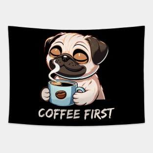 Cute Pug Drinking Coffee First Thing in the Morning Tapestry