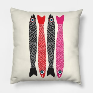 ANCHOVIES Bright Graphic Fun Groovy Fish in Black Red Pink - Vertical Layout - UnBlink Studio by Jackie Tahara Pillow