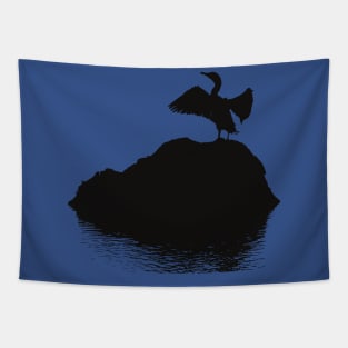 Minimalistic Basking Black Cormorant Silhouette Tapestry