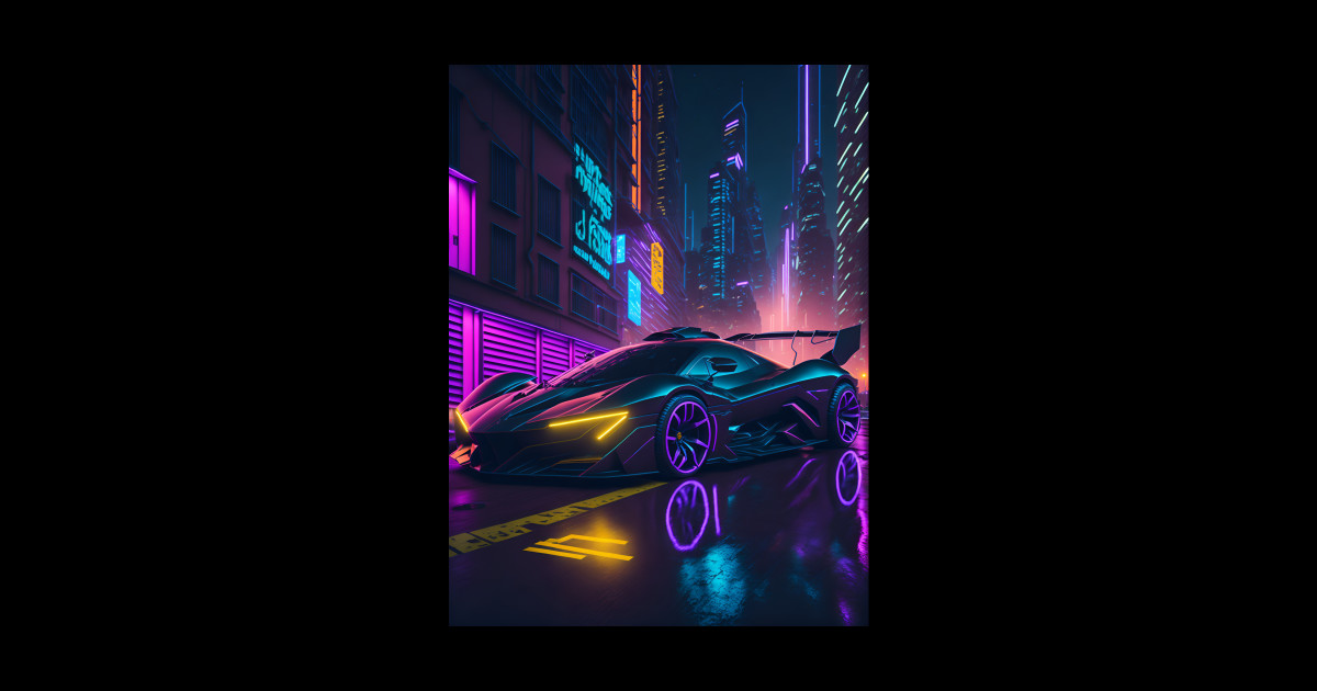 Dark Neon Sports Car in Japanese Neon City - Sports Car Racing - Magnet ...