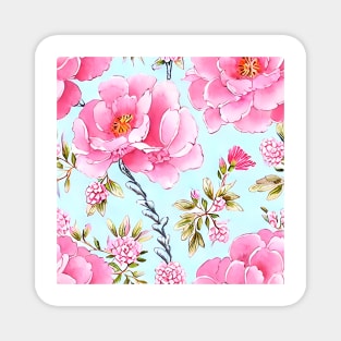 Pink roses on pale blue seamless chinoiserie pattern Magnet