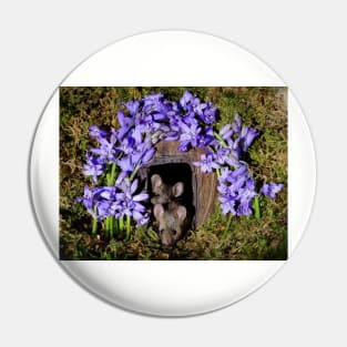 George the mouse in a log pile house - Spring flowers blue bells Pin