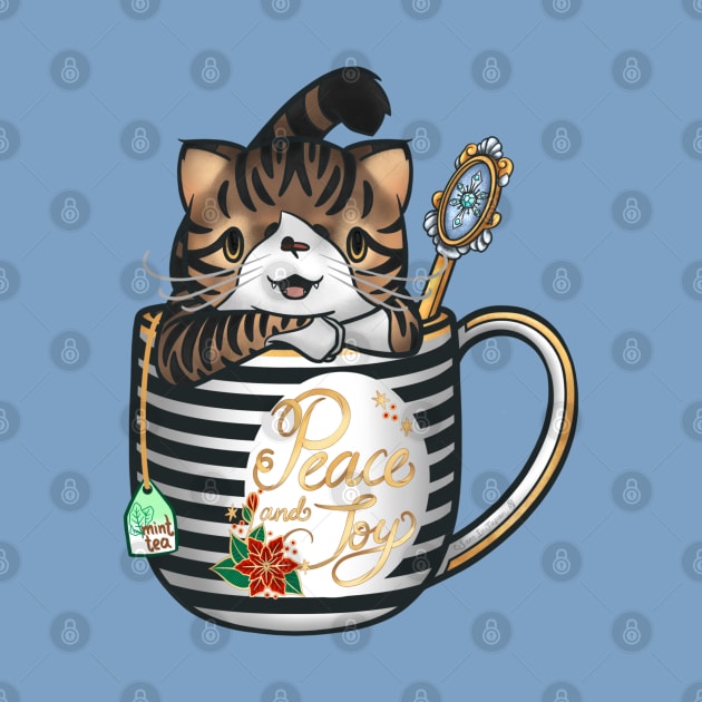 “Peace and Joy” Spice the tabby cat in a teacup keeping warm for the holidays by SamInJapan