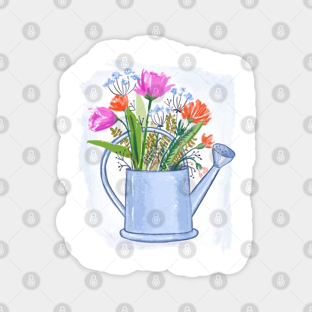 Watering Can with Flowers Floral Illustration Magnet by denizko
