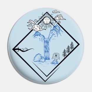 Nature Scenery with clouds, mountains, Buddha sun, trees, little monster Pin